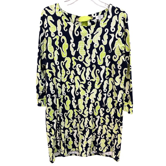 Crown & Ivy Women's L Blue Green Seahorse Print 3/4 Sleeve Knit Dress - Picture 1 of 5